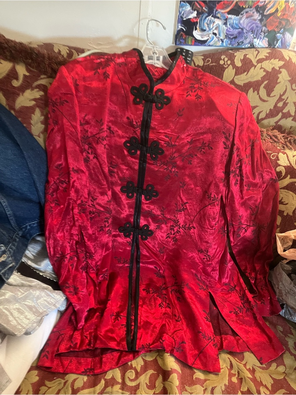 R&M Richards Red Satin Mandarin Collar Jacket with Black Frog Closures